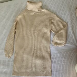 Women’s Cowl Neck Loose Ribbed Stretch Cream Knit Sweater Short Dress Size Large